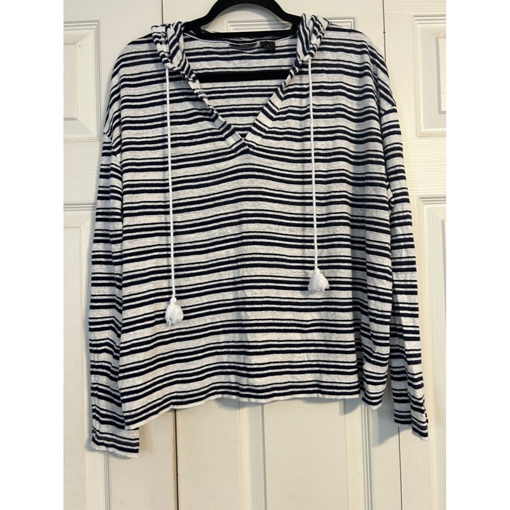 TAHARI Size X-Large Linen Hooded Sweatshirt Navy Blue White Striped Lightweight